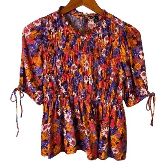 Vero Moda Multicolor Floral Peplum Smocked Top Ruffle Tie Sleeve Keyhole Back - Picture 4 of 15